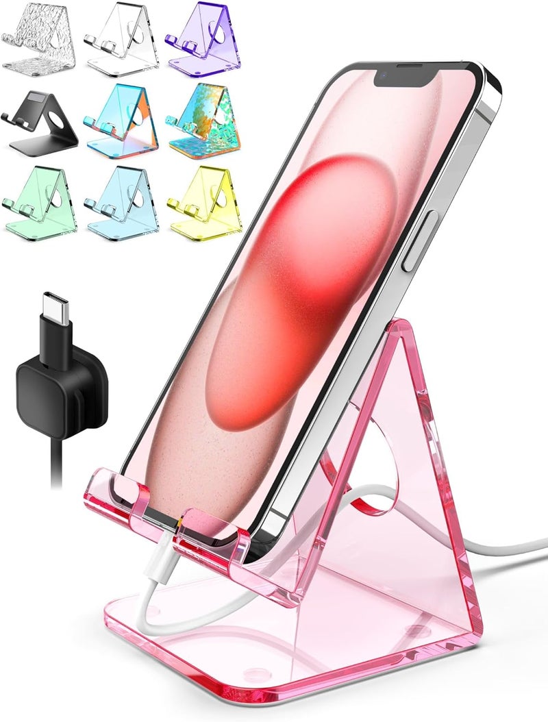 TOPGO Acrylic Cell Phone Stand, Clear Phone Holder for Office Desk, Vanity, Kitchen Counter, Bedside Table, Compatible with iPhone 17 16 15 14 13 12 Pro Max Plus/Smartphones/iPad/Switch/Kindle(Pink) - Image 1